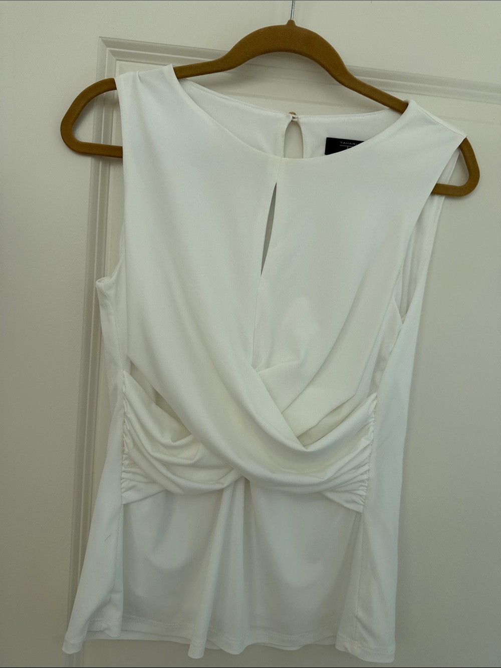 Tahari White Sleeveless Draped Front Tunic Top